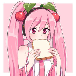 Rule 34 | 1girl, akiyoshi (tama-pete), bare shoulders, bread, cherry hair ornament, commentary, detached sleeves, eating, food, food-themed hair ornament, framed image, hair ornament, hatsune miku, headphones, holding, holding food, leaf, leaf hair ornament, nail polish, necktie, pink background, pink eyes, pink hair, pink nails, pink necktie, pink sleeves, sakura miku, shirt, sleeveless, sleeveless shirt, solo, twintails, vocaloid, white shirt