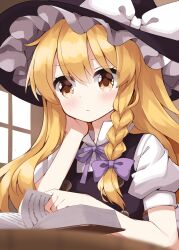 1girl black_hat black_vest blonde_hair blush book bow braid closed_mouth frilled_hat frills hair_between_eyes hair_bow hat hat_bow head_rest highres kirisame_marisa long_hair neck_ribbon open_book puffy_short_sleeves puffy_sleeves purple_bow purple_ribbon ribbon ruu_(tksymkw) shirt short_sleeves side_braid single_braid solo touhou upper_body vest white_bow white_shirt witch_hat yellow_eyes