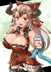 Rule 34 | 10s, 1girl, :d, aliza (granblue fantasy), ariza, bare shoulders, blush, bow, breasts, cleavage, draph, covered erect nipples, granblue fantasy, hair bow, hair ribbon, hair slicked back, horns, jewelry, large breasts, long hair, looking at viewer, open mouth, pointy ears, ponytail, red eyes, ribbon, silver hair, smile, solo, sweat, thighhighs, tsukinami kousuke