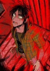 Rule 34 | 1boy, absurdres, black eyes, black hair, black shirt, cevio, chikyuu no ura (cevio), constricted pupils, crying, crying with eyes open, facial scar, full body, gloves, green shirt, grey pants, hair over shoulder, highres, itou kaiji, kaiji, long hair, looking up, male focus, medium bangs, nervous sweating, ninjin, open clothes, open mouth, open shirt, pants, parted bangs, plaid, plaid shirt, red background, scar, scar on cheek, scar on face, shirt, short sleeves, solo, standing, sweat, tears, undershirt, white gloves