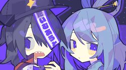 2girls @_@ bad_id bad_twitter_id black_background black_hair black_headwear blue_background blue_eyes blue_hair commentary drooling hair_ornament hair_over_one_eye hair_ribbon hair_rings hair_stick hat hat_ornament hatsushiro_mamimu kaku_seiga looking_at_viewer medium_hair miyako_yoshika mouth_drool multiple_girls open_mouth portrait red_shirt ribbon sharp_teeth shirt star_(symbol) star_hat_ornament symbol-only_commentary talisman teeth touhou translated