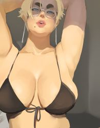 Rule 34 | 1girl, armpits, arms up, blonde hair, blue eyes, breasts, cleavage, glasses, highres, jujunaught, large breasts, lips, miffu (donaught), mole, original, short hair, solo, swimsuit, thick eyebrows
