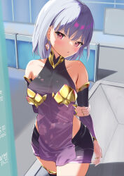 Rule 34 | 1girl, absurdres, arm behind back, armlet, armor, bare shoulders, bikini armor, blush, bracelet, breasts, collar, detached sleeves, dress, earrings, fate/grand order, fate (series), floral print, hair ribbon, highres, jewelry, kama (fate), kama (first ascension) (fate), looking at viewer, metal collar, miniskirt, nikuromuline, open mouth, pelvic curtain, purple dress, purple skirt, purple sleeves, purple thighhighs, red eyes, ribbon, ring, short hair, skirt, small breasts, solo, thighhighs, thighlet, thighs, white hair