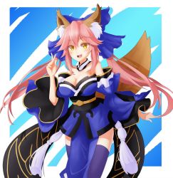 Rule 34 | 10s, 1girl, animal ears, bare shoulders, blue thighhighs, blush, breasts, cleavage, collarbone, fate/extra, fate (series), fox ears, fox tail, highres, jpeg artifacts, large breasts, long hair, looking at viewer, open mouth, pink hair, smile, solo, tail, tamamo no mae (fate/extra), teeth, thighhighs, twintails, yellow eyes, youl