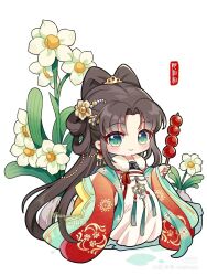 Rule 34 | axiangxiang, brown hair, chibi, chinese clothes, daffodil, flower, fluttering shawl, green eyes, hanfu, highres, long hair, original, qixiong ruqun, ruqun, tanghulu, xiaohongshu logo
