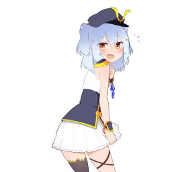 Rule 34 | 13o, 1boy, asymmetrical legwear, bare arms, black hat, black thighhighs, blue hair, blush, bow, cosplay, dress, embarrassed, facing away, fang, frown, hair bow, hand on own chest, hat, highres, holding, holding clothes, holding dress, inuyama tamaki, leg strap, looking at viewer, looking back, male focus, medium hair, mismatched legwear, noripro, oda nobuhime (cosplay), sleeveless, solo, standing, thighhighs, trap, two side up, virtual youtuber, white background, white dress, yellow eyes