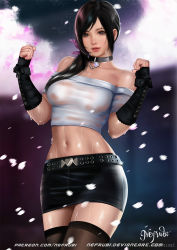 Rule 34 | 1girl, artist name, bare shoulders, belt, black belt, black choker, black hair, black skirt, black thighhighs, blue eyes, blush, breasts, brown eyes, brown hair, choker, cleavage, commission, cowboy shot, dead or alive, falling petals, game, hair over shoulder, highres, kokoro (doa), lips, long hair, looking at viewer, medium breasts, microskirt, midriff, nefrubi, night, parted lips, patreon username, pencil skirt, petals, sakura petals, shirt, skirt, solo, standing, swept bangs, tail, tecmo, thighhighs, wet, white shirt, zettai ryouiki