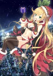 Rule 34 | 10s, 1girl, bikini, black gloves, black thighhighs, blonde hair, blush, boots, box, breasts, christmas tree, clarisse (granblue fantasy), cleavage, commentary, dutch angle, flying, fur-trimmed bikini, fur-trimmed boots, fur-trimmed gloves, fur trim, gift, gift box, gloves, granblue fantasy, green eyes, hair ornament, hand on own chest, hands up, hat, high heel boots, high heels, highres, hip focus, holding, holding gift, hood, hood down, long hair, medium breasts, midriff, navel, night, night sky, open mouth, ponytail, revision, rong yi tan, santa costume, santa hat, sky, smile, snow, solo, swept bangs, swimsuit, thighhighs, thighs, very long hair