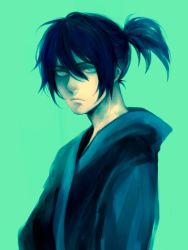 Rule 34 | 10s, 1boy, aqua background, bad id, bad pixiv id, black hair, blue eyes, frown, looking at viewer, male focus, noragami, simple background, solo, yato (noragami)