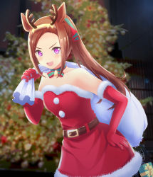 Rule 34 | 1girl, animal ears, antlers, bare shoulders, bell, belt, black belt, blurry, blurry background, choker, commentary request, cowboy shot, depth of field, dress, elbow gloves, fake antlers, fur-trimmed dress, fur trim, gift, gloves, green choker, hand on own hip, highres, holding, holding sack, horns, horse ears, horse girl, leaning forward, long hair, looking at viewer, neck bell, night, open mouth, outdoors, over shoulder, partial commentary, ponytail, purple eyes, red dress, red gloves, reindeer antlers, sack, sakura bakushin o (umamusume), sakurakkuma, santa dress, santa gloves, short dress, sidelocks, smile, solo, standing, strapless, strapless dress, umamusume