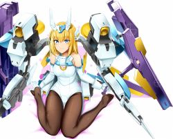 Rule 34 | 1girl, bare shoulders, baselard, black pantyhose, blonde hair, blue eyes, blush, breasts, cleavage, closed mouth, commentary request, diffraction spikes, doko tetora, elbow gloves, energy gun, frame arms girl, full body, gloves, gun, headgear, highres, holding, holding gun, holding weapon, leotard, long hair, looking at viewer, mecha, mecha musume, medium breasts, no shoes, pantyhose, robot, sitting, smile, solo, thrusters, wariza, weapon, white gloves, white leotard