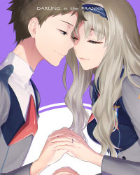 Rule 34 | 1boy, 1girl, brown hair, copyright name, couple, darling in the franxx, closed eyes, from side, holding hands, highres, interlocked fingers, jewelry, kokoro (darling in the franxx), long hair, long sleeves, mikko (mim mikko), mitsuru (darling in the franxx), parted lips, ring, silver hair, smile, upper body, wedding band