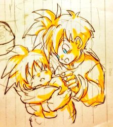 Rule 34 | 2boys, baby, blanket, blue eyes, brothers, child, closed eyes, happy, looking at another, male focus, monochrome, multiple boys, notebook, open mouth, siblings, sleeping, smile, son gohan, son goten, spiked hair, tkgsize, traditional media, yellow theme