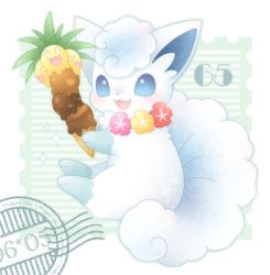 Rule 34 | :3, :d, alolan exeggutor, alolan form, alolan vulpix, blue eyes, blush, creatures (company), fang, flower, flower necklace, food, full body, game freak, gen 7 pokemon, heart, holding, holding food, ice cream, ice cream cone, jewelry, looking at viewer, lowres, necklace, nintendo, no humans, open mouth, pokemon, pokemon (creature), postmark, smile, sparkle, ten&#039;on (amane09)
