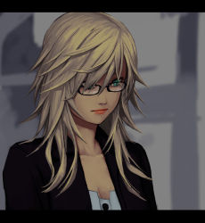 Rule 34 | 1girl, bad id, bad pixiv id, blonde hair, breasts, cleavage, glasses, green eyes, letterboxed, lipstick, looking to the side, makeup, mustard seeds, original, profile, small breasts, solo, spiked hair, yuuji (and)