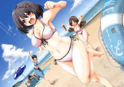 Rule 34 | 10s, 4girls, = =, alcohol, arekishi raiho, arm up, armpits, ashigara (kancolle), bare shoulders, barefoot, beach, beach towel, beach umbrella, beer, beer can, bikini, black hair, blue sky, blush, breasts, brown eyes, brown hair, can, chasing, cleavage, closed eyes, cloud, cooler, day, drink can, drunk, dutch angle, fang, flip-flops, front-tie top, haguro (kancolle), hair ornament, hairband, highres, innertube, kantai collection, large breasts, midriff, multiple girls, myoukou (kancolle), nachi (kancolle), navel, ocean, open mouth, outdoors, outstretched arms, running, sandals, sarong, siblings, side-tie bikini bottom, side ponytail, sisters, sky, sleeping, swim ring, swimsuit, tears, towel, umbrella, water