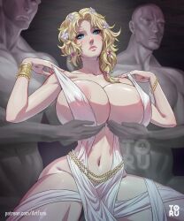 Rule 34 | 1girl, 2boys, ancient greek clothes, aphrodite (shuumatsu no valkyrie), areola slip, arttoru, blonde hair, blue eyes, bracelet, breast hold, breasts, closed mouth, covered erect nipples, flower, greco-roman clothes, hair flower, hair ornament, highres, huge breasts, jewelry, light blush, lips, medium hair, meme, multiple boys, navel, no bra, revealing clothes, servants holding aphrodite&#039;s breasts (meme), shuumatsu no valkyrie