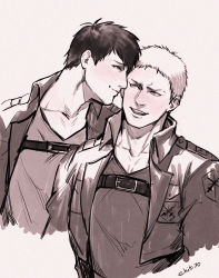 Rule 34 | 2boys, artist name, bertolt hoover, chest belt, closed mouth, couple, cropped jacket, ekit70, eye contact, highres, jacket, leather, leather jacket, looking at another, male focus, multiple boys, open mouth, paradis military uniform, reiner braun, shingeki no kyojin, short hair, smile, upper body, yaoi
