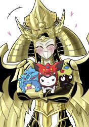 Rule 34 | 1girl, absurdres, armor, blush, chococat, colored skin, cosplay, crossover, facial mark, go madare, gold armor, gold headwear, happy, heart, highres, holding, kuromi, mechanical wings, obelisk the tormentor, obelisk the tormentor (cosplay), open mouth, osiris the sky dragon, osiris the sky dragon (cosplay), sanrio, shoulder pads, simple background, solo, the creator god of light horakhty, the winged dragon of ra, the winged dragon of ra (cosplay), tuxedo sam, white background, wings, yellow skin, yu-gi-oh!