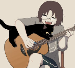 Rule 34 | 1boy, absurdres, animal, avogado6, bare legs, black cat, brown background, brown hair, cat, chair, closed eyes, colored sclera, commentary, crossed legs, feet out of frame, glasses, green shorts, grey shirt, guitar, highres, holding, holding instrument, instrument, laughing, male focus, open mouth, original, playing guitar, plectrum, shirt, shorts, simple background, sitting, smile, t-shirt, teeth, tongue, upper teeth only, yellow sclera