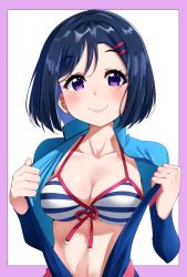 Rule 34 | 10s, 1girl, alternate hair length, alternate hairstyle, bikini, blue hair, blush, bodysuit, breasts, cleavage, collarbone, commentary request, diving suit, front-tie bikini top, front-tie top, hair ornament, hairclip, highres, igarashi kyouhei, large breasts, looking at viewer, love live!, love live! school idol festival, love live! sunshine!!, matsuura kanan, open clothes, open wetsuit, purple eyes, short hair, smile, solo, striped bikini, striped clothes, swimsuit, upper body, wetsuit, white background