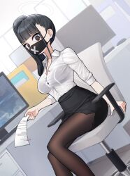 Rule 34 | 1girl, 28 (282teeth), alternate costume, black eyes, black hair, blue archive, blunt bangs, blurry, chair, collarbone, collared shirt, commentary request, depth of field, desk, extra, grey eyes, halo, high ponytail, highres, holding, holding paper, indoors, keyboard (computer), long hair, long sleeves, looking at viewer, mask, monitor, mouth mask, office, office chair, office lady, on chair, pantyhose, paper, pencil skirt, shirt, side ponytail, side slit, sidelocks, sitting, skirt, sleeves rolled up, solo, sukeban (smg) (blue archive), surgical mask, swivel chair, white shirt, window