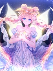Rule 34 | 1girl, bad id, bad pixiv id, bare shoulders, bishoujo senshi sailor moon, blonde hair, blue eyes, collarbone, crescent, crescent facial mark, double bun, dress, facial mark, fkfkfkfkrhdm, forehead mark, hair bun, hair ornament, hairpin, long hair, own hands clasped, own hands together, princess serenity, pyarung, smile, solo, strapless, strapless dress, tsukino usagi, twintails, twitter username