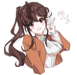 Rule 34 | 1girl, 22/7, amakura 9, ascot, blush, brown eyes, brown hair, commentary, looking at viewer, ponytail, sidelocks, simple background, sketch, smile, solo, toda jun, upper body, v, white background
