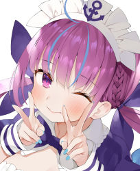 Rule 34 | 1girl, absurdres, ahoge, anchor symbol, blue hair, blue nails, blue ribbon, blush, bow, bowtie, braid, closed mouth, colored inner hair, double v, female focus, from above, gaou (umaiyo puyoman), hair ribbon, hands up, highres, hololive, long hair, looking at viewer, maid, maid headdress, minato aqua, minato aqua (1st costume), multicolored hair, nail polish, one eye closed, purple bow, purple bowtie, purple eyes, purple hair, ribbon, simple background, smile, solo, twintails, two-tone hair, upper body, v, virtual youtuber, white background, white bow, wrist cuffs