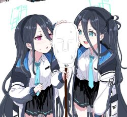 Rule 34 | &lt;key&gt; (blue archive), 2girls, aris (blue archive), binaural microphone, black hair, black jacket, black skirt, blue archive, blue eyes, blush, breasts, clearite, collared shirt, dress shirt, dual persona, dummy, hair between eyes, hairband, halo, jacket, long hair, long sleeves, microphone, multicolored clothes, multicolored jacket, multiple girls, necktie, one side up, open clothes, open jacket, open mouth, pleated skirt, purple eyes, shirt, sidelocks, skirt, small breasts, smile, sweatdrop, thighs, two-tone jacket, very long hair, white jacket, white shirt