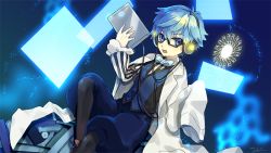 Rule 34 | 1boy, blue eyes, blue hair, book, bow, bowtie, fate/grand order, fate (series), frilled sleeves, frills, glasses, glowing, goya (xalbino), hans christian andersen (fate), holding, lab coat, light, light particles, long sleeves, looking at viewer, male focus, open mouth, pants, shoes, signature, sleeves past wrists, solo, upper body, vest