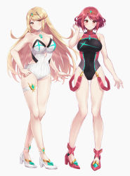 Rule 34 | 2girls, black one-piece swimsuit, blonde hair, breasts, chest jewel, competition swimsuit, gem, headpiece, highres, large breasts, multiple girls, mythra (radiant beach) (xenoblade), one-piece swimsuit, pyra (pro swimmer) (xenoblade), pyra (xenoblade), red eyes, red hair, red one-piece swimsuit, ribbed swimsuit, shinae, short hair, strapless, strapless one-piece swimsuit, striped clothes, striped one-piece swimsuit, swept bangs, swimsuit, tiara, two-tone swimsuit, vertical-striped clothes, vertical-striped one-piece swimsuit, white one-piece swimsuit, xenoblade chronicles (series), xenoblade chronicles 2