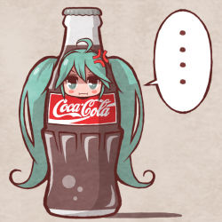 Rule 34 | ..., 1girl, anger vein, bottle, chibi, coca-cola, coke (cosplay), cosplay, green eyes, green hair, hatsune miku, in bottle, in container, long hair, matching hair/eyes, pout, sakichi (gyro7msk), solo, twintails, very long hair, vocaloid