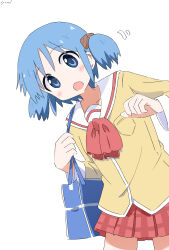Rule 34 | 1girl, absurdres, artist name, bag, blouse, blue bag, blue eyes, blue hair, commentary request, cube hair ornament, cynical (llcbluckg c004), hair ornament, highres, holding, holding bag, leaning to the side, long sleeves, looking at viewer, naganohara mio, neckerchief, nichijou, open mouth, plaid, plaid skirt, pleated skirt, pocket, red neckerchief, red skirt, sailor collar, school uniform, shirt, short twintails, signature, simple background, skirt, solo, tokisadame school uniform, twintails, uniform, white background, white sailor collar, yellow shirt