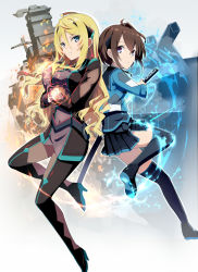 Rule 34 | &gt;:), 2girls, ahoge, back-to-back, belt, black legwear, black skirt, blonde hair, blue eyes, boots, breasts, brown hair, closed mouth, cover, cover image, cover page, covered navel, female focus, fire, ga bunko, gotyou, grin, hair between eyes, headgear, high heels, holding, holding sword, holding weapon, kaijin no mahoushi to madou senkan, katana, knee up, large breasts, legs, long hair, long sleeves, looking at viewer, looking to the side, magic, military, military uniform, military vehicle, miniskirt, multiple girls, novel cover, novel illustration, official art, olivia florence, parted lips, pleated skirt, sakura misora, school uniform, serafuku, sheath, ship, shoe soles, short hair, sidelocks, skirt, smile, smug, sword, textless version, thigh boots, thighhighs, thighs, uniform, unsheathing, v-shaped eyebrows, warship, watercraft, wavy hair, weapon, zettai ryouiki