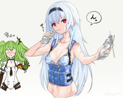 Rule 34 | 2girls, ammunition pouch, bare shoulders, black hairband, blue bra, blue hair, bra, breasts, camouflage, camouflage bra, cleavage, collarbone, commentary request, drink, drink pouch, drinking, drinking straw, drinking straw in mouth, girls&#039; frontline, giving, green hair, hair between eyes, hairband, holding, holding drink, incoming drink, ingerdoll, load bearing equipment, long hair, looking at viewer, m950a (girls&#039; frontline), medium breasts, multiple girls, navel, pouch, red eyes, scar, scar on arm, scar on neck, scar on stomach, tactical clothes, thunder (girls&#039; frontline), translation request, underwear, upper body, very long hair, white hair