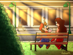 Rule 34 | 1boy, 1girl, bench, blue eyes, brown hair, couple, donkey kong (series), dress, facial hair, friends, from behind, gloves, hand up, happy, hat, laughing, lipstick, long hair, makeup, mario, mario (series), mayor, mustache, nail polish, new donk city, nintendo, overalls, park, pauline (mario), plumber, red dress, short hair, sitting, smile, sunlight, super mario odyssey, white gloves
