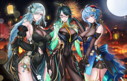 Rule 34 | 3girls, absurdres, aqua hair, bare shoulders, black dress, black pantyhose, blue dress, blue eyes, blue hair, breasts, chinese commentary, commentary request, cowboy shot, detached sleeves, dress, ganyu (genshin impact), ganyu (twilight blossom) (genshin impact), genshin impact, glasses, hair over one eye, highres, horns, large breasts, long hair, long sleeves, looking at viewer, minuolin, multiple girls, official alternate costume, pantyhose, red-framed eyewear, shenhe (frostflower dew) (genshin impact), shenhe (genshin impact), sideboob, sleeveless, sleeveless dress, standing, thighs, very long hair, xianyun (genshin impact)