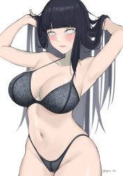 Rule 34 | 1girl, absurdres, armpits, arms up, bare arms, bare shoulders, black bra, black hair, black panties, blunt bangs, blush, bra, breasts, byeon dha, commentary, cowboy shot, groin, hands in hair, highres, hyuuga hinata, large breasts, long hair, looking at viewer, naruto (series), naruto shippuuden, navel, panties, pink lips, simple background, solo, standing, stomach, thong, underwear, underwear only, very long hair, white background, white eyes
