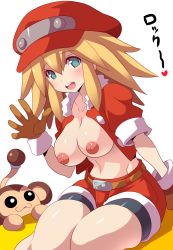 Rule 34 | 1girl, :d, animal, bike shorts, blonde hair, blue eyes, blush, breasts, brown gloves, cabbie hat, cropped jacket, data (mega man), gloves, hair between eyes, hand up, hat, heart, highres, jacket, konno tohiro, large breasts, leaning forward, long hair, looking at viewer, mega man (series), mega man legends (series), monkey, nipples, open clothes, open jacket, open mouth, red hat, red jacket, red shorts, roll caskett (mega man), shiny skin, shirt, short sleeves, shorts, sidelocks, simple background, sitting, smile, solo, third-party edit, turtleneck, white background