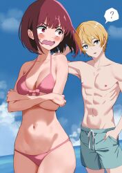 Rule 34 | 1boy, 1girl, ?, abs, absurdres, arima kana, bikini, blonde hair, blue eyes, blue sky, blush, breasts, cloud, covering privates, crossed arms, day, embarrassed, highres, hoshino aquamarine, kinomiki, looking at another, looking at viewer, looking back, male swimwear, medium breasts, mismatched pupils, navel, ocean, open mouth, oshi no ko, outdoors, pink bikini, red eyes, red hair, short hair, sky, spoken question mark, star-shaped pupils, star (symbol), stomach, swim trunks, swimsuit, symbol-shaped pupils, toned, toned male, v-shaped eyebrows, wavy mouth