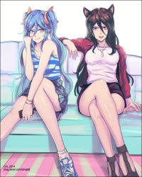 Rule 34 | 2girls, :d, ahri (league of legends), animal ears, artist name, blue hair, bracelet, breasts, brown hair, cal (pmgdd), casual, cellphone, couch, crossed legs, earrings, facial mark, fang, fox ears, fox tail, grin, hair ribbon, head tilt, highres, jacket, jewelry, large breasts, league of legends, long hair, looking at viewer, multiple girls, multiple tails, necklace, open clothes, open jacket, open mouth, phone, plaid, plaid skirt, red eyes, ribbon, ring, sandals, shirt, shoes, sitting, skirt, smile, sneakers, sona (league of legends), striped clothes, striped shirt, tail, twintails, watermark, web address, whisker markings, yellow eyes