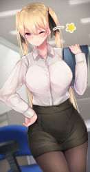 Rule 34 | 1girl, ;), bad id, bad pixiv id, black pantyhose, black ribbon, black skirt, blonde hair, blush, breasts, chair, closed mouth, collared shirt, commentary request, cowboy shot, dress shirt, grey shirt, hair ribbon, hand on own hip, highres, holding, indoors, large breasts, long hair, long sleeves, looking at viewer, office, office chair, office lady, one eye closed, original, osisio, pantyhose, pink eyes, ribbon, shirt, skirt, smile, solo, star (symbol), swivel chair, twintails, v-shaped eyebrows, very long hair, wing collar