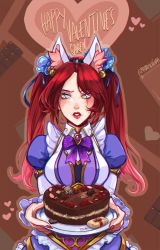 Rule 34 | 1girl, alternate costume, animal ears, artist name, blush, bow, bowtie, breasts, brooch, brown background, cake, cat ears, commentary, dress, english commentary, enmaided, fake animal ears, fingernails, food, frills, happy valentine, highres, holding, jewelry, juliet sleeves, katarina (league of legends), large breasts, league of legends, long hair, long sleeves, maid, nail polish, parted bangs, plate, puffy sleeves, purple bow, purple bowtie, red hair, red lips, red nails, sharp fingernails, shinaa (maddynshinaa), solo, twintails