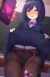 Rule 34 | 1girl, black panties, blue hair, blue jacket, blue skirt, blush, bow, bow panties, bowtie, brown pantyhose, cellphone, classroom, clothes lift, commentary request, crotch seam, emoto shikeko, heart, heart-shaped pupils, highres, holding, holding phone, hypnosis, hypnosis app, indoors, jacket, lifting own clothes, mind control, miniskirt, nijisanji, nose blush, panties, panties under pantyhose, pantyhose, parted lips, phone, pleated skirt, purple bow, purple bowtie, school uniform, sex toy, shizuka rin, shizuka rin (1st costume), skirt, skirt lift, smartphone, swept bangs, symbol-shaped pupils, thigh strap, thighband pantyhose, underwear, vibrator, vibrator under clothes, vibrator under panties, virtual youtuber, yellow eyes