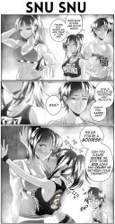 Rule 34 | 1boy, 2girls, 3koma, abs, absurdres, belt, blush, breasts, brother and sister, choker, cleavage, closed eyes, closed mouth, comic, commentary, confused, crop top, earrings, english commentary, english text, greyscale, grs-, hair between eyes, height difference, highres, jewelry, kabedon, left-to-right manga, locker, locker room, long hair, machine gun kelly, machine gun kelly, monochrome, multiple girls, muscular, muscular female, muscular male, open mouth, original, ponytail, right-to-left comic, sex pistols, shirt, short hair, siblings, smile, sparkle, speech bubble, sports bra, standing, t-shirt, tank top, toned, towel, yuri