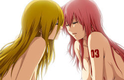 Rule 34 | 2girls, back, bare arms, bare shoulders, blonde hair, breasts, cleavage, closed eyes, couple, eyeshadow, face-to-face, female focus, hair between eyes, imminent kiss, large breasts, lily (vocaloid), lips, long hair, makeup, medium breasts, megurine luka, multiple girls, no10, nude, open mouth, pink hair, sideboob, simple background, tattoo, upper body, vocaloid, white background, yuri