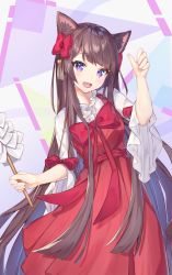 Rule 34 | 1girl, :d, animal ear fluff, animal ears, blush, bow, brown hair, dress, eyes visible through hair, frills, gathers, gohei, hair bow, hair ornament, hand up, head tilt, highres, holding, long hair, looking at viewer, mishuo (misuo69421), open mouth, original, patterned background, purple eyes, red bow, red dress, red neckwear, ribbon, shirt, sidelocks, smile, solo, triangle, very long hair, white shirt