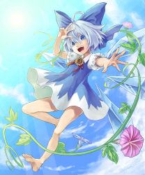 Rule 34 | 1girl, ahoge, bad id, bad pixiv id, barefoot, blue bow, blue dress, blue eyes, blue hair, bow, cirno, day, dress, flower, hidden star in four seasons, ice, ice wings, kuro (b g), leaf, looking at viewer, open mouth, plant, sky, solo, sunflower, tanned cirno, touhou, vines, wings