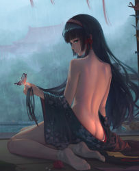 Rule 34 | 1girl, architecture, ass, back, bad id, bad pixiv id, bishoujo mangekyou: kotowari to meikyuu no shoujo, bishoujo mangekyou (series), black hair, blunt bangs, bug, butt crack, butterfly, east asian architecture, full body, green eyes, highres, holding, holding own hair, insect, japanese clothes, lgmt, long hair, looking at viewer, rain, sitting, socks, solo, white socks